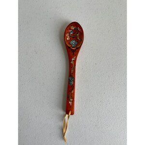 Scandinavian Painted Wooden Spoon Flowers Floral Bohemian 7" Decorative Red